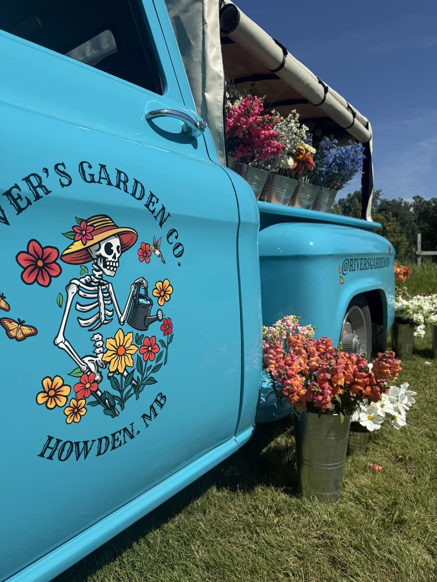 The rebuilt Flower Truck — a Tartan Turquoise and Bombay White 1958 Chevy Apache — parked in a Manitoba field with buckets of blooms in back.