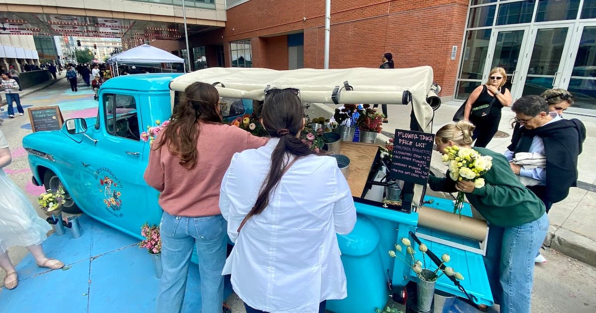 The River's Garden Co. flower truck parked at the Downtown Winnipeg Farmers' Market on Aug. 20, 2026 - photograph by Scott Andersson for CTV News Winnipeg.